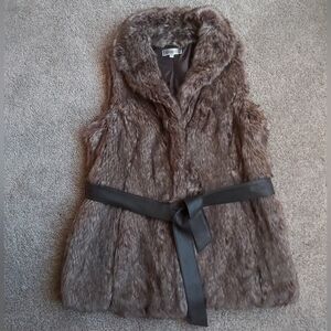 Temperance Brown Faux Fur Vest with Faux Leather Tie Belt